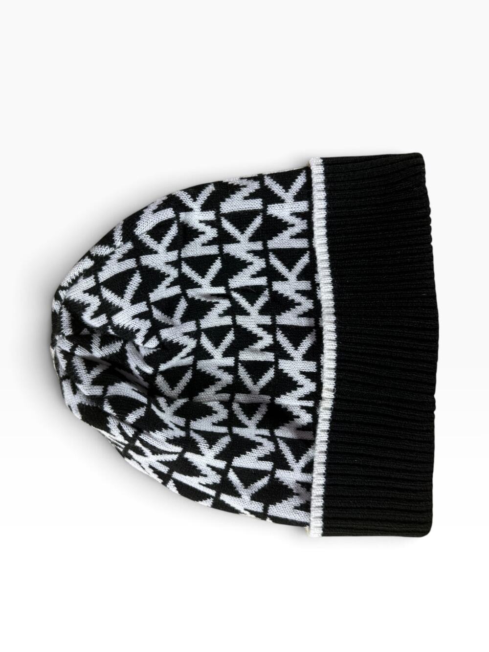 Michael Kors MK Logo Beanie Hat Black White Monogram Knit Winter Cap